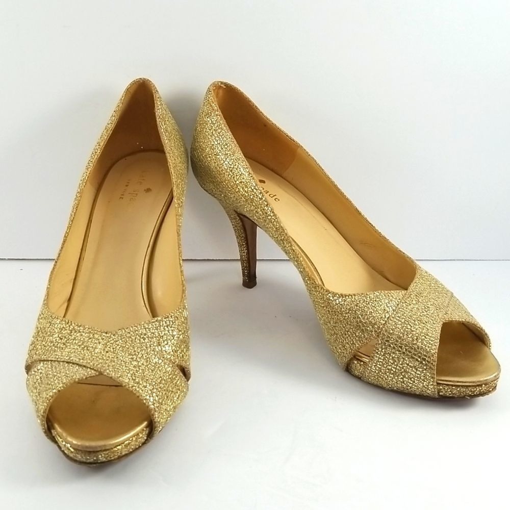 Kate Spade New York Gold Glitter Peep Toe Pumps Heels Made in Italy Womens 9B